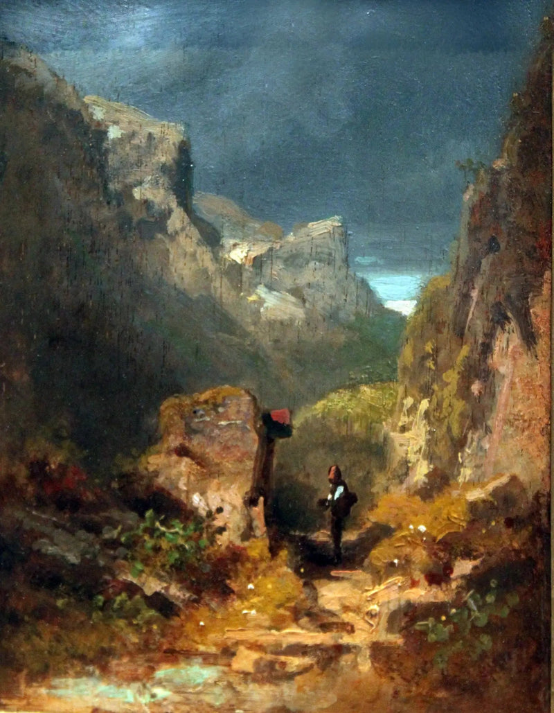 Paisaje de montañas con un relicario sobre una roca - Carl Spitzweg