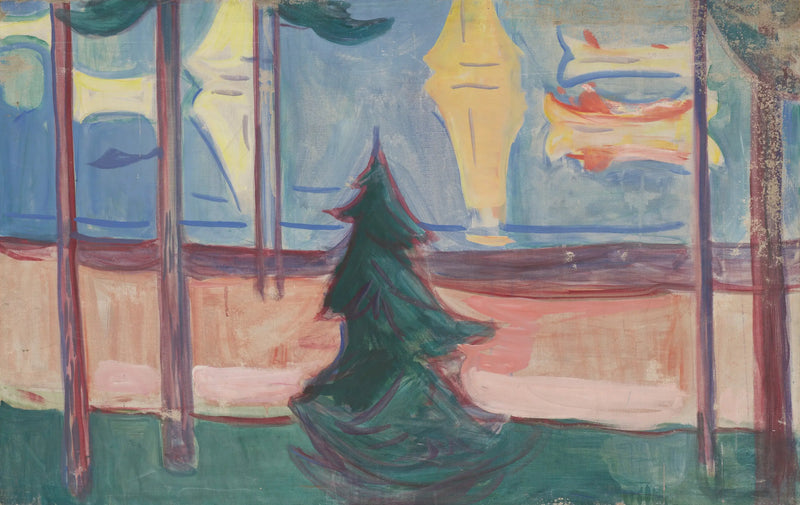 Paisaje de playa con árboles y barcos - Edvard Munch