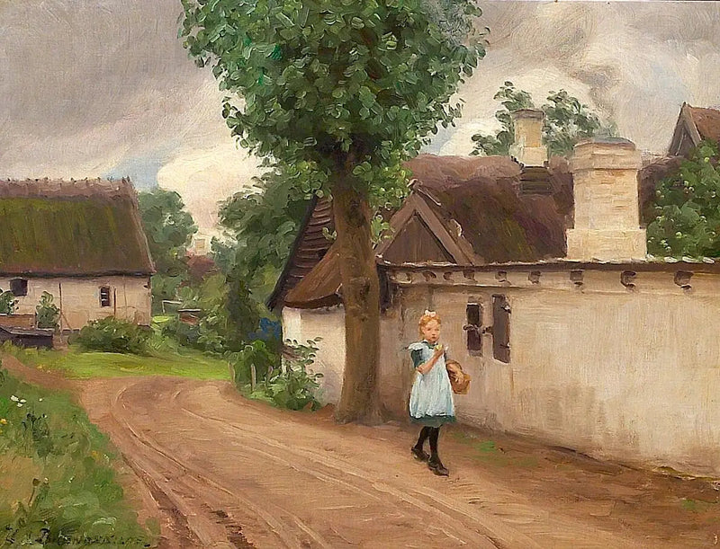 Paisaje de pueblo con una joven en vestido azul. - H. A. Brendekilde