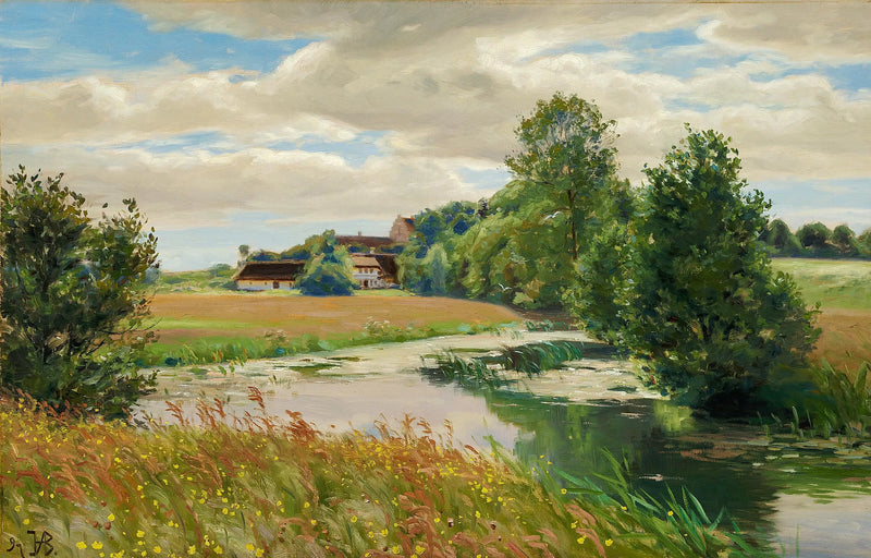 Paisaje de verano junto a un río cerca de una iglesia. - H. A. Brendekilde