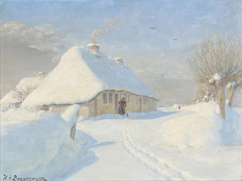 Paisaje de invierno con una mujer en una granja. - H. A. Brendekilde