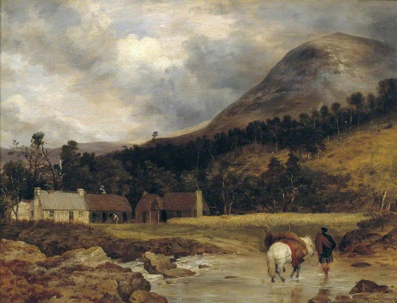 Paisaje escocés: La llegada de un ciervo (personajes y animales de Sir E. Landseer) - Edwin Henry Landseer