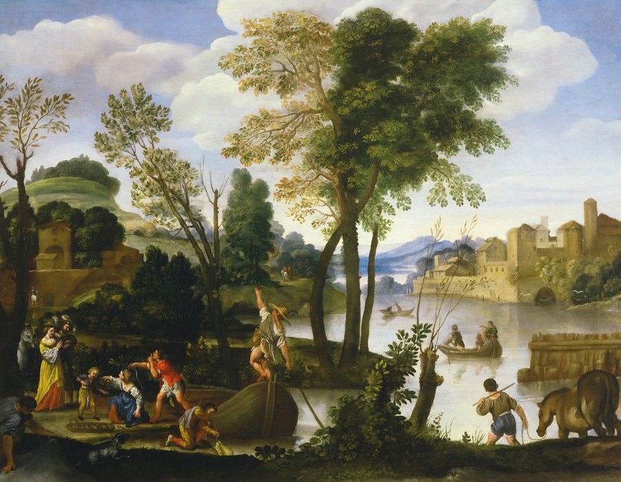 Paisaje fluvial con barqueros y pescadores, una pareja elegante paseando junto al río - Domenichino
