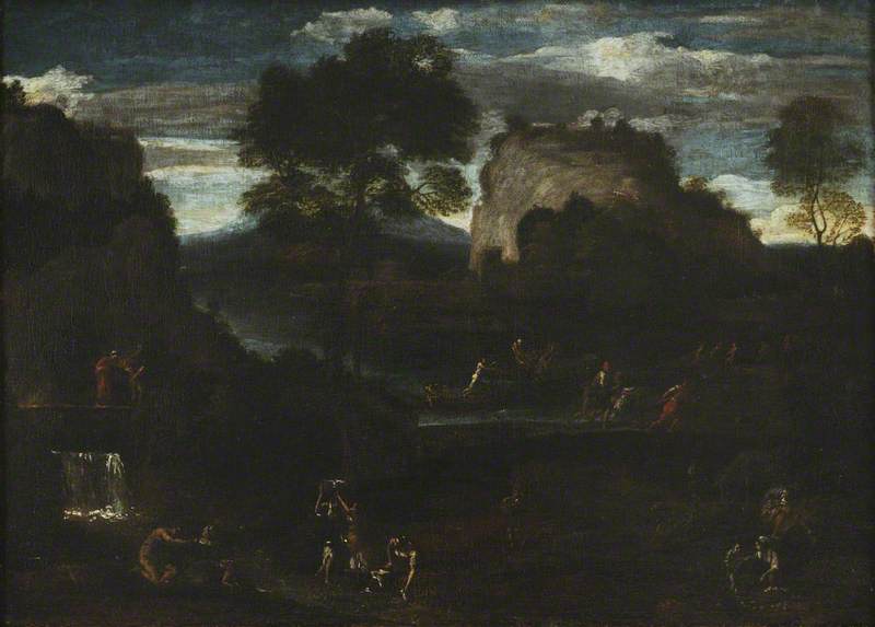 Paisaje fluvial con pescadores y lavanderas - Domenichino