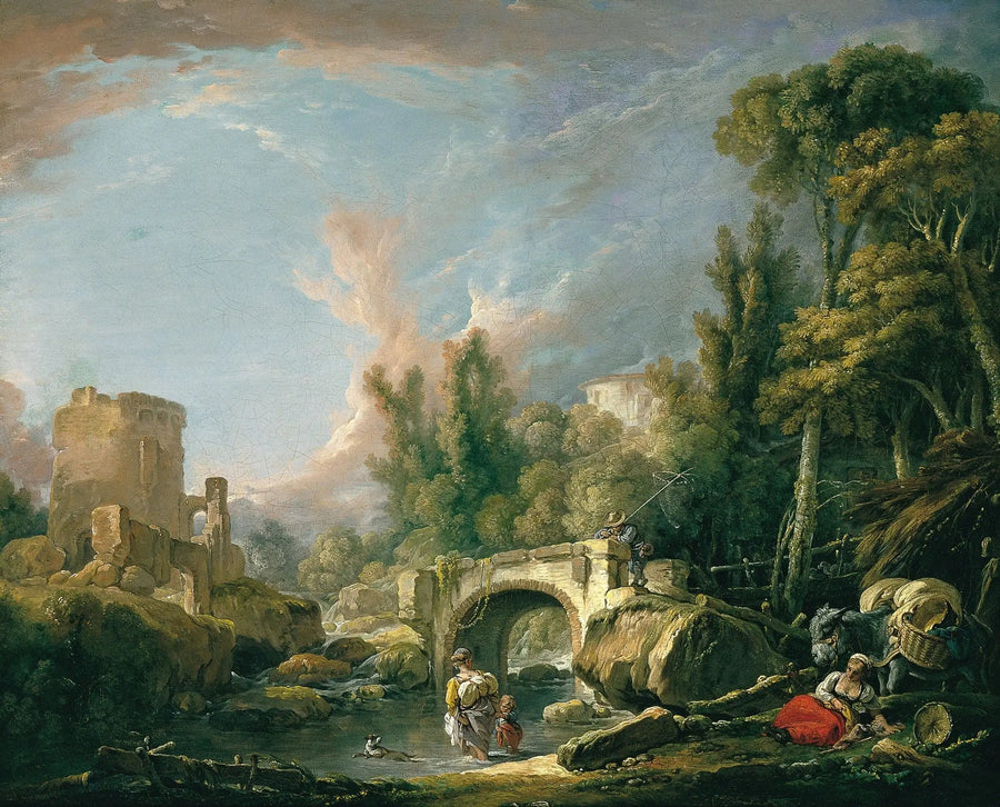 Paisaje fluvial con ruina y puente - François Boucher