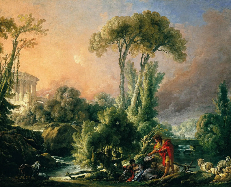 Paisaje fluvial con templo antiguo - François Boucher
