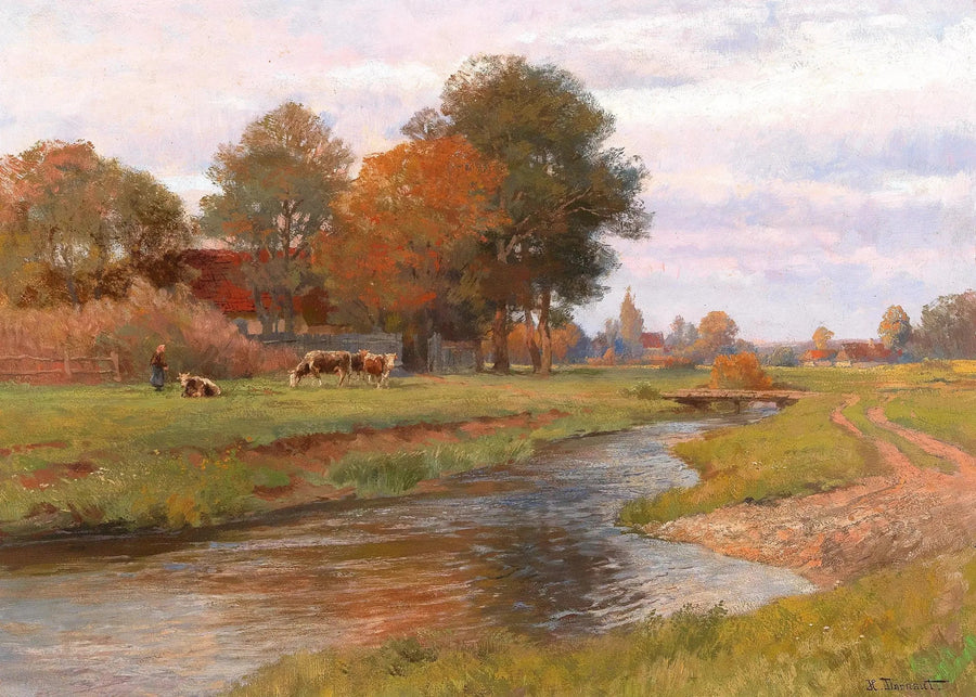 Paisaje fluvial con un pequeño rebaño de vacas y un pueblo en el fondo - Hugo Darnaut