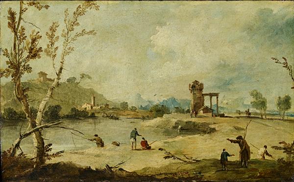 Paisaje fluvial con una torre en ruinas y un pueblo lejano - Francesco Guardi