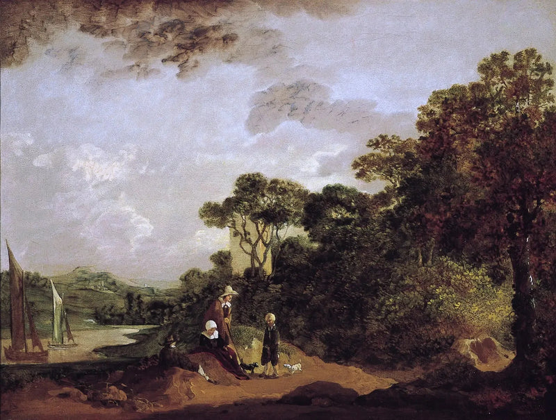 Paisaje fluvial arbolado con campesinos descansando y campanario de iglesia - Thomas Gainsborough