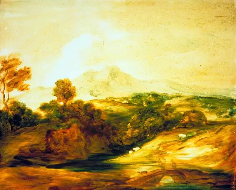 Paisaje fluvial boscoso con personajes en un puente, una cabaña, ovejas y montañas lejanas - Thomas Gainsborough