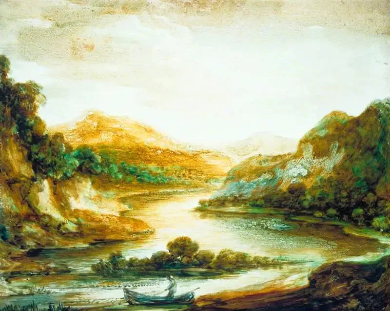 Paisaje fluvial arbolado con un pescador en una barca, orillas altas y montañas lejanas - Thomas Gainsborough