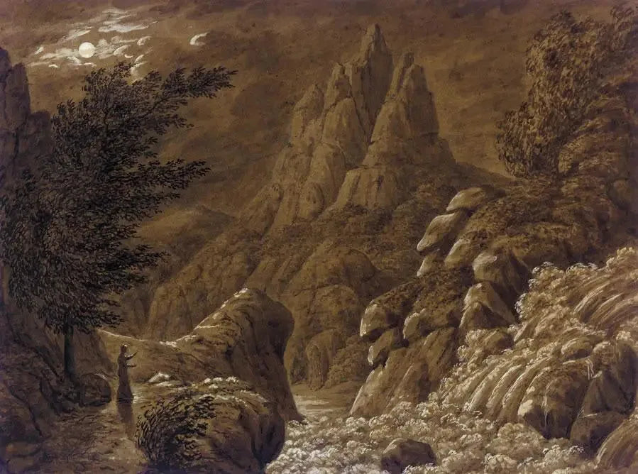 Paisaje idealizado con cascada - Caspar David Friedrich