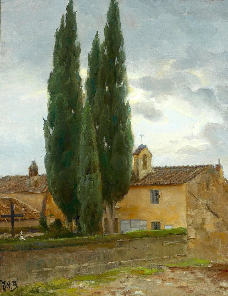 Paisaje italiano con un monasterio y pinos. - H. A. Brendekilde