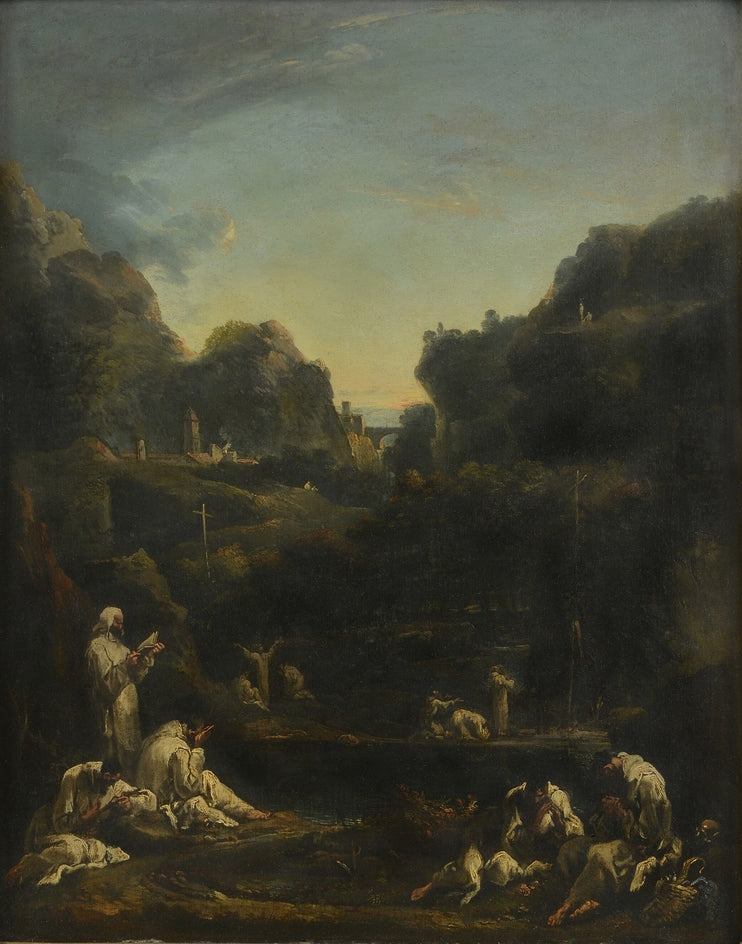 Paisaje montañoso con grupos de monjes - Sebastiano Ricci
