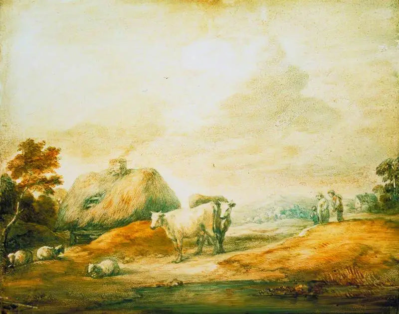 Paisaje abierto con campesinos, vacas, ovejas, cabañas y piscina - Thomas Gainsborough