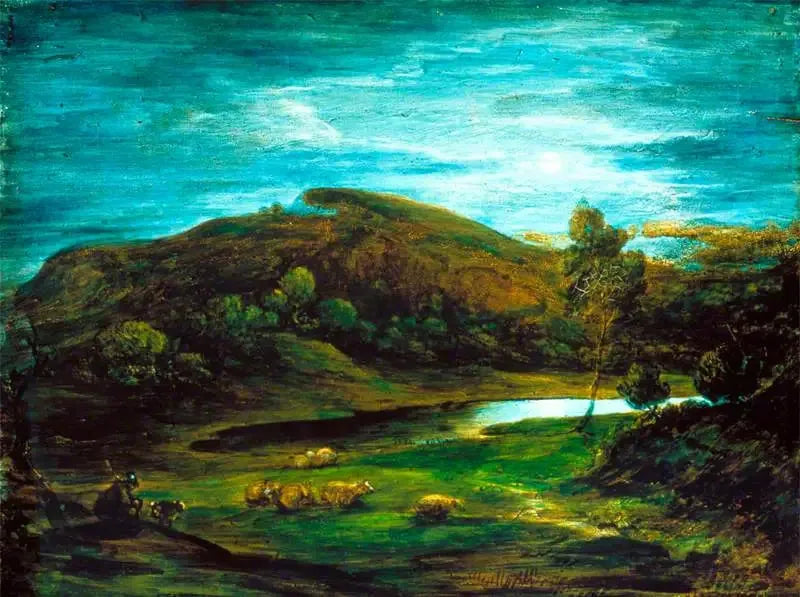Paisaje abierto con un pastor, ovejas, una piscina y colinas lejanas - Thomas Gainsborough