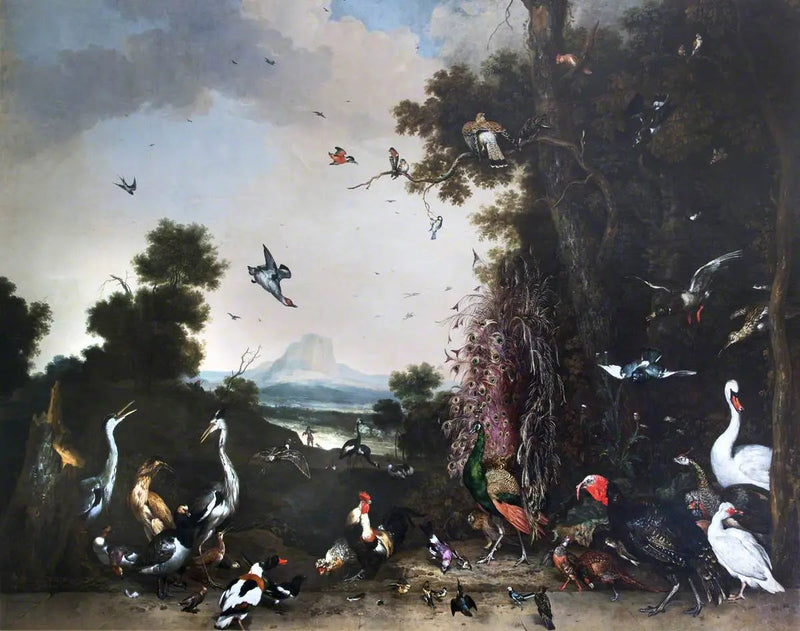 Paisaje abierto con aves de corral y aves acuáticas - Melchior de Hondecoeter