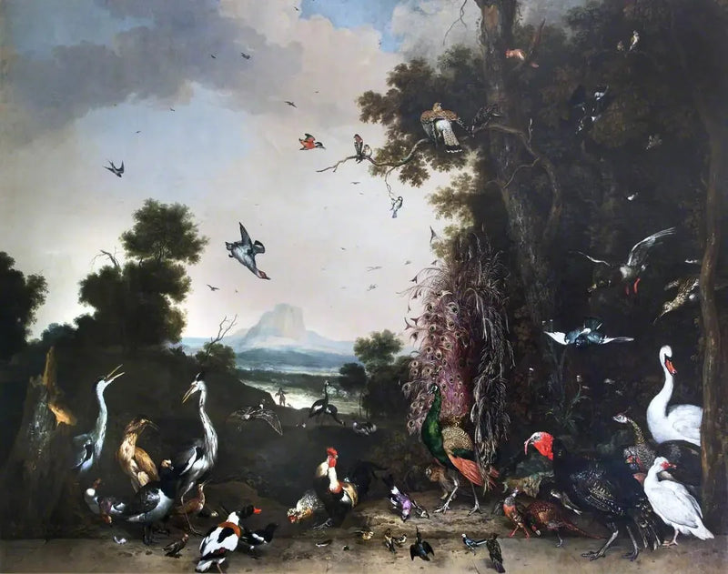 Paisaje abierto con aves de corral y aves acuáticas - Melchior de Hondecoeter