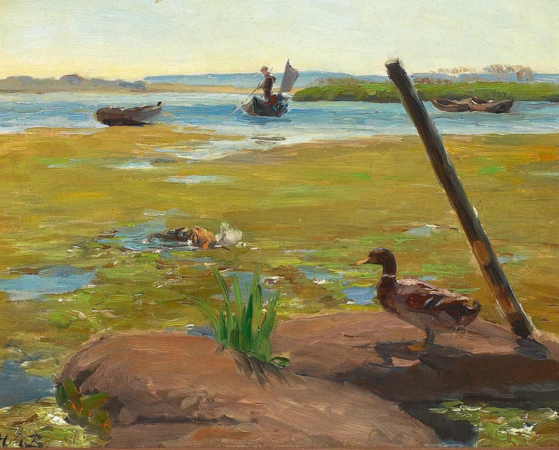 Paisaje cerca de Jyllinge con un pato. En el fondo, un hombre hace punting. - H. A. Brendekilde