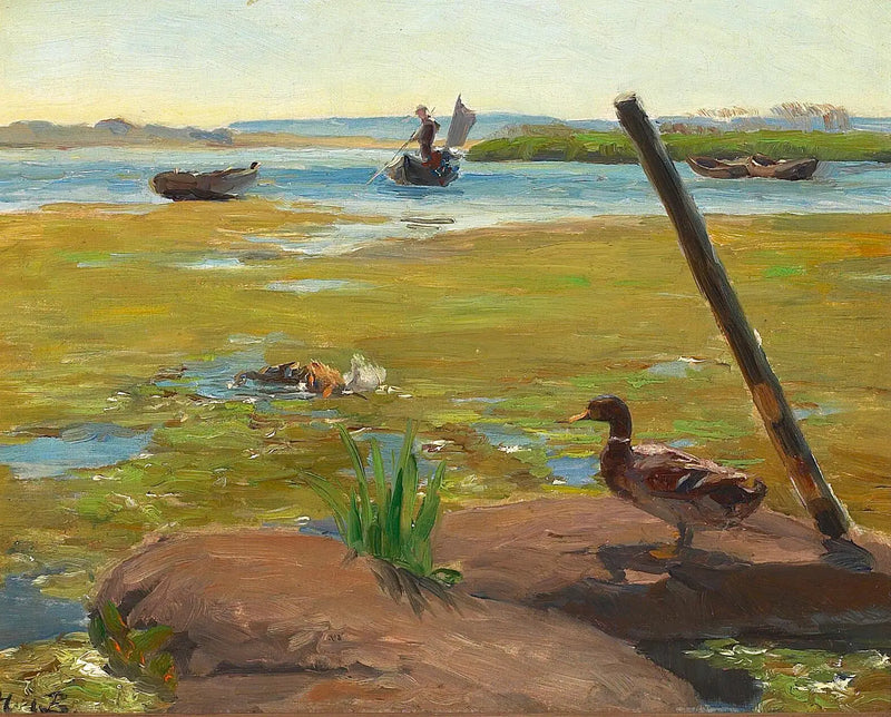 Paisaje cerca de Jyllinge con un pato. En el fondo, un hombre hace punting. - H. A. Brendekilde