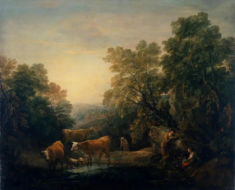 Paisaje rocoso y boscoso con amantes rústicos, un pastor y vacas - Thomas Gainsborough