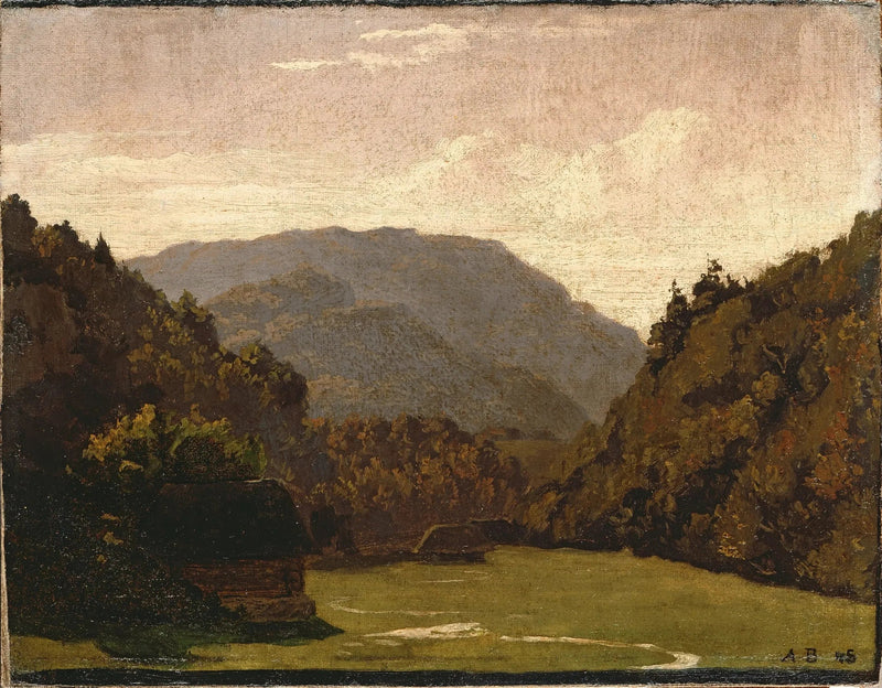 Paisaje ondulado con cabañas de troncos y un arroyo en la llanura - Arnold Böcklin