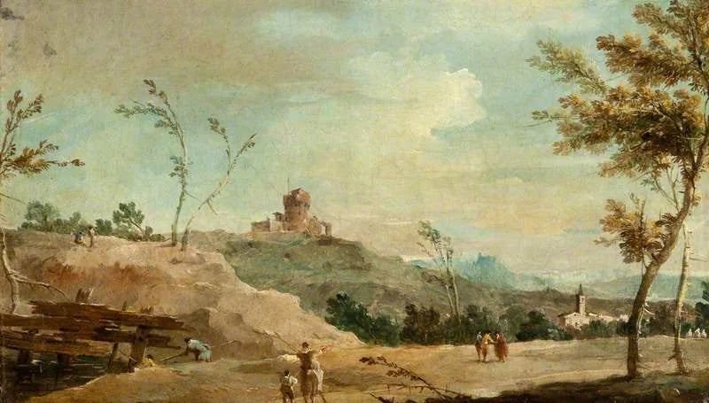 Paisaje ondulado con una torre en ruina - Francesco Guardi