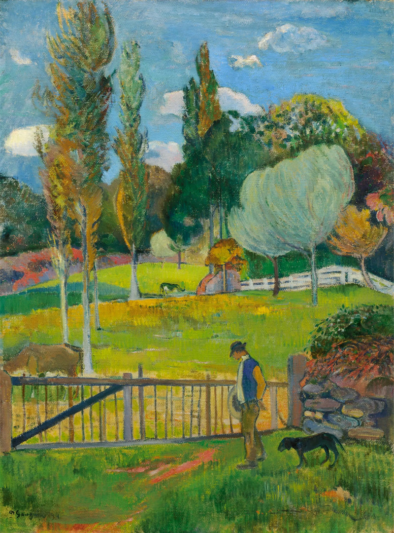 Campesino y su perro cerca de una valla - Paul Gauguin