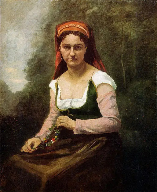 Campesina sentada en la vegetación, sosteniendo una guirnalda de flores - Jean-Baptiste Camille Corot