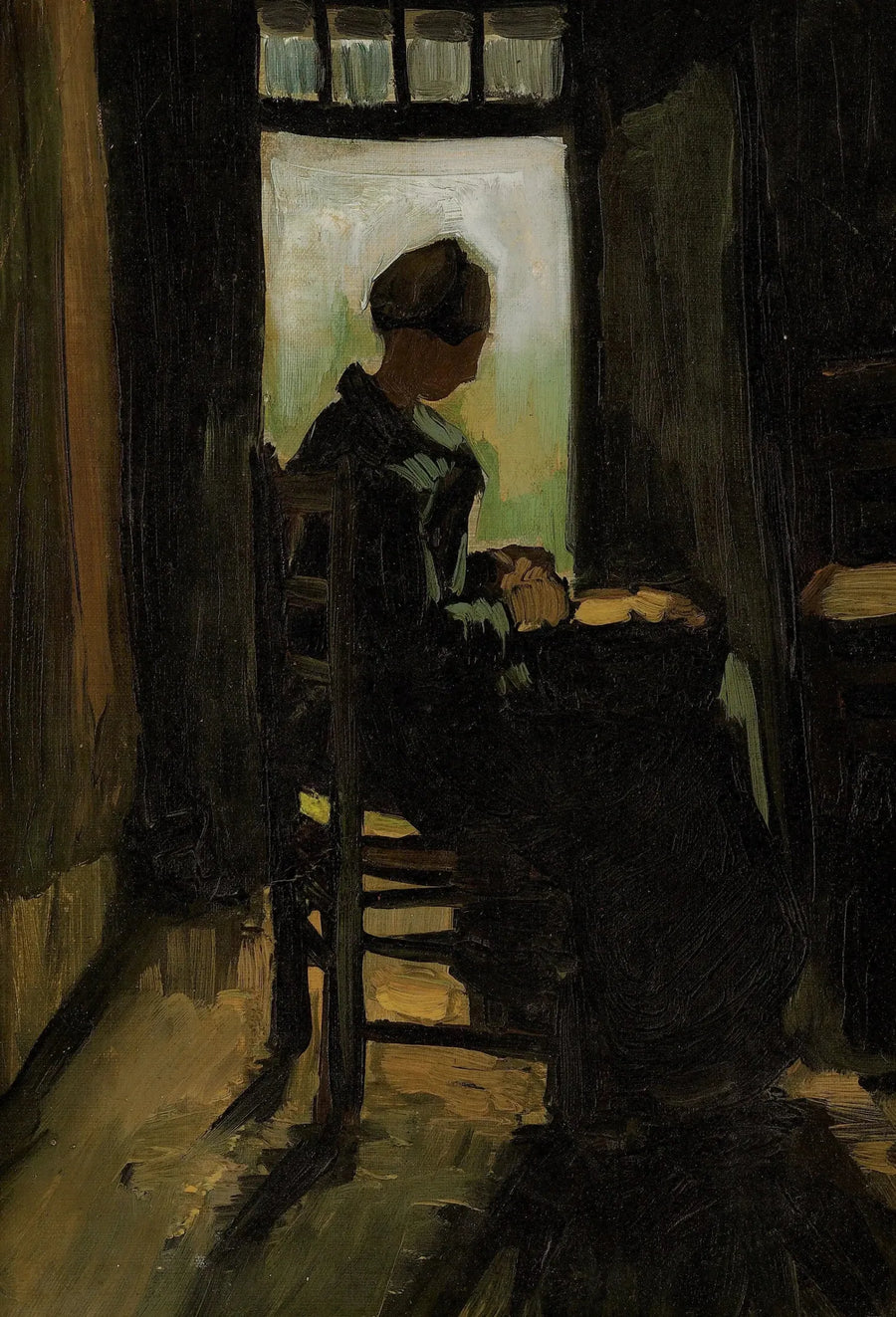 Campesina sentada frente a una puerta abierta, pelando patatas - Vincent van Gogh