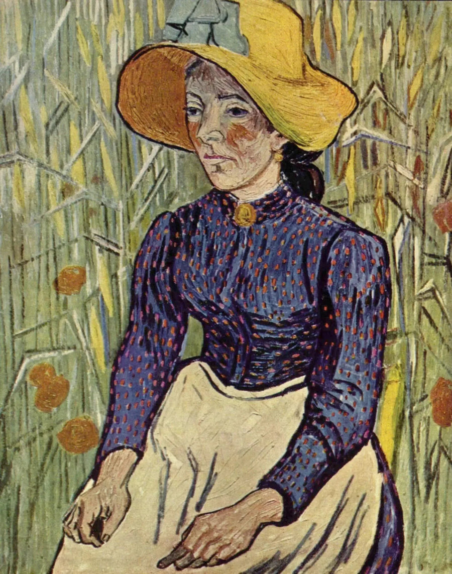 Campesina con sombrero de paja sentada frente a un campo de trigo - Vincent van Gogh