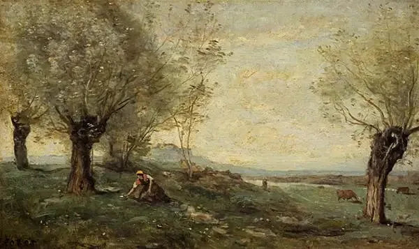 Campesina cortando hierba cerca de un aliso - Jean-Baptiste Camille Corot