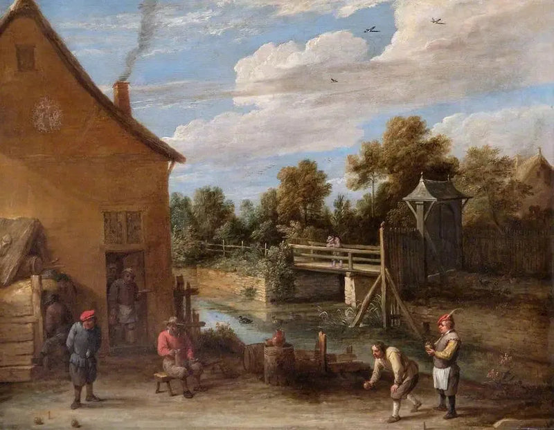 Campesinos jugando a las bochas frente a una posada junto a un río - David Teniers el Joven
