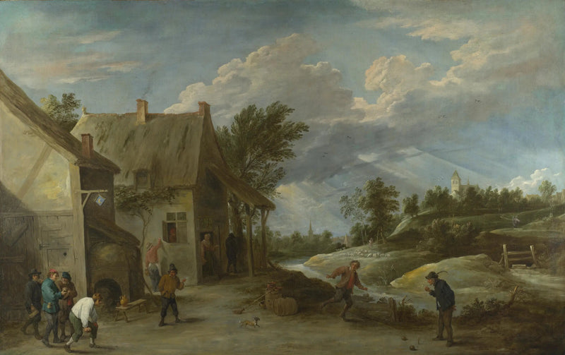 Campesinos jugando a las bochas frente a una posada de pueblo - David Teniers el Joven