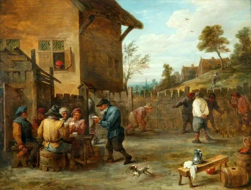 Campesinos jugando a las cartas y a los bolos en un patio - David Teniers el Joven