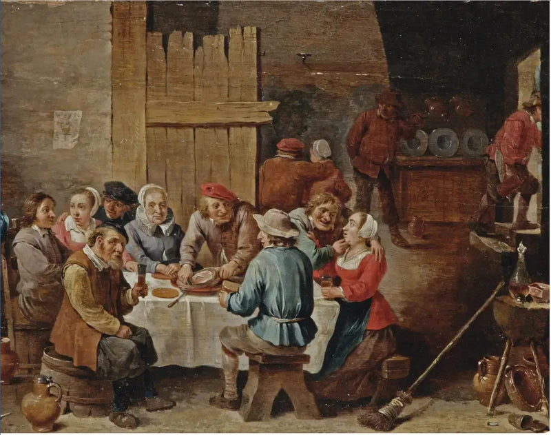Campesinos comiendo y bebiendo en un interior - David Teniers el Joven