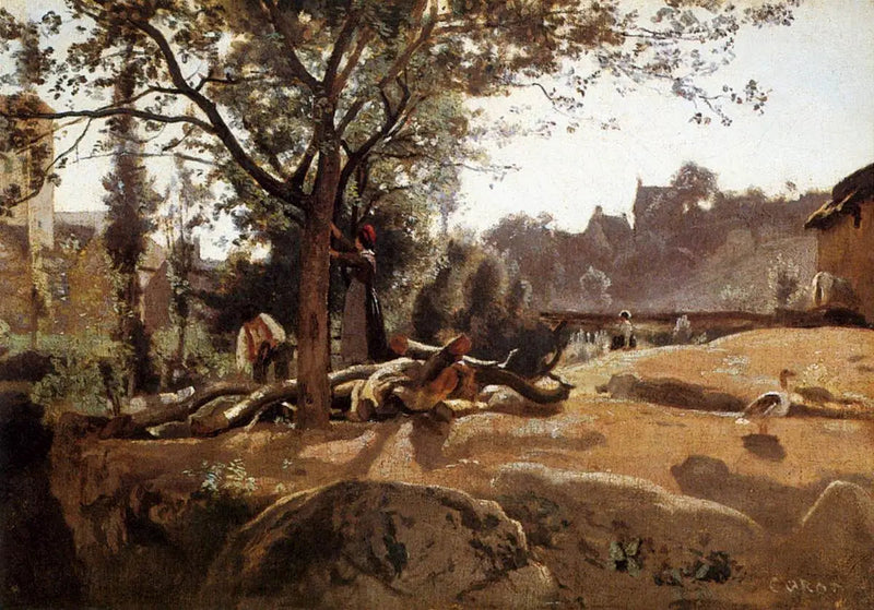 Campesinos bajo los árboles al amanecer - Jean-Baptiste Camille Corot