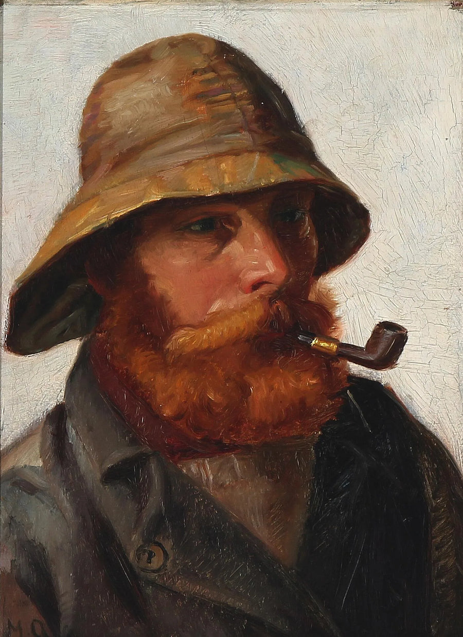 Pescador con barba roja, impermeable amarillo y fumando en pipa. -Michael Peter Ancher