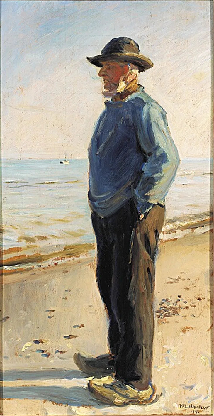 Pescador de Skagen en la playa, con un anorak azul. -Michael Peter Ancher