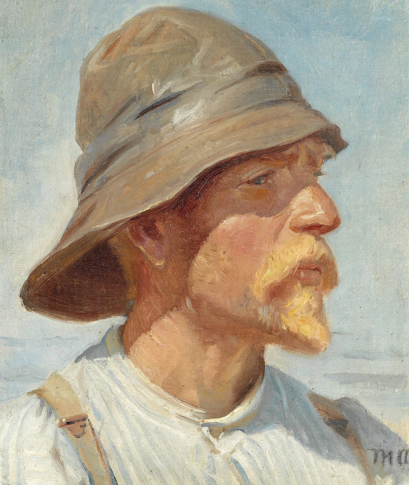 Pescador de Skagen con impermeable, camisa a rayas y tirantes. - Michael Peter Ancher