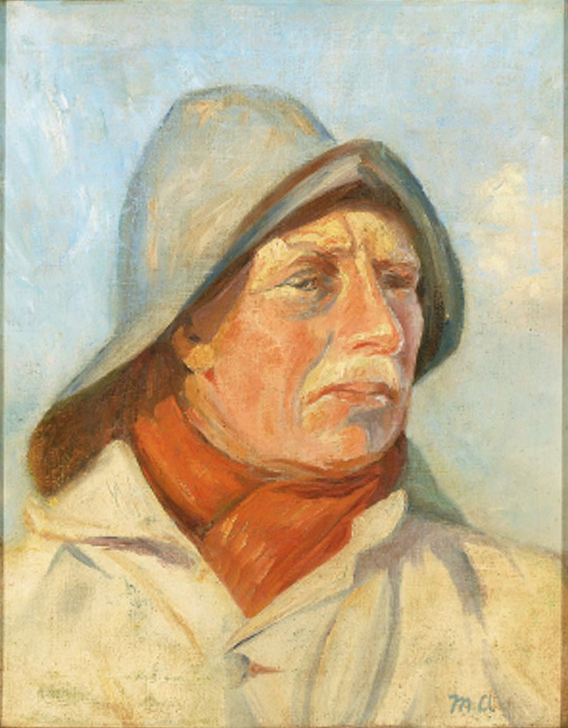 Pescador con impermeable y bufanda roja. - Michael Peter Ancher