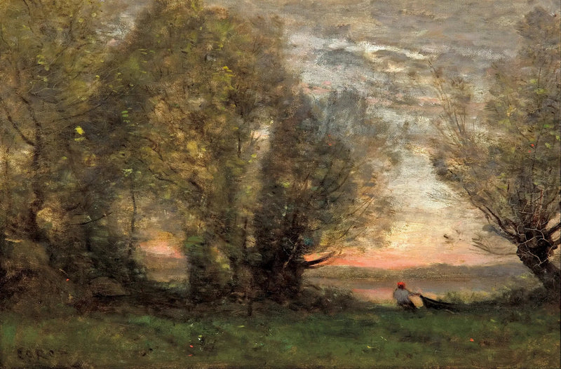 Pescador remolcando su barca junto a un viejo sauce, efecto de la tarde - Jean-Baptiste Camille Corot