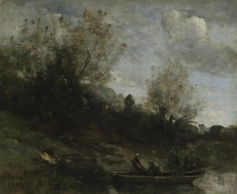 Pescadores en barca junto a la orilla - Jean-Baptiste Camille Corot