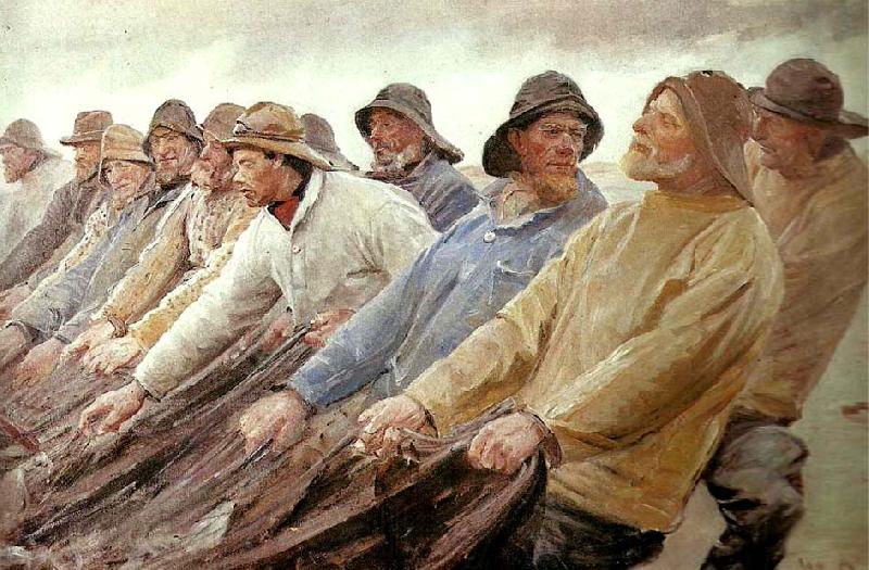 Pescadores tirando de una red de cerco en Skagen - Michael Peter Ancher