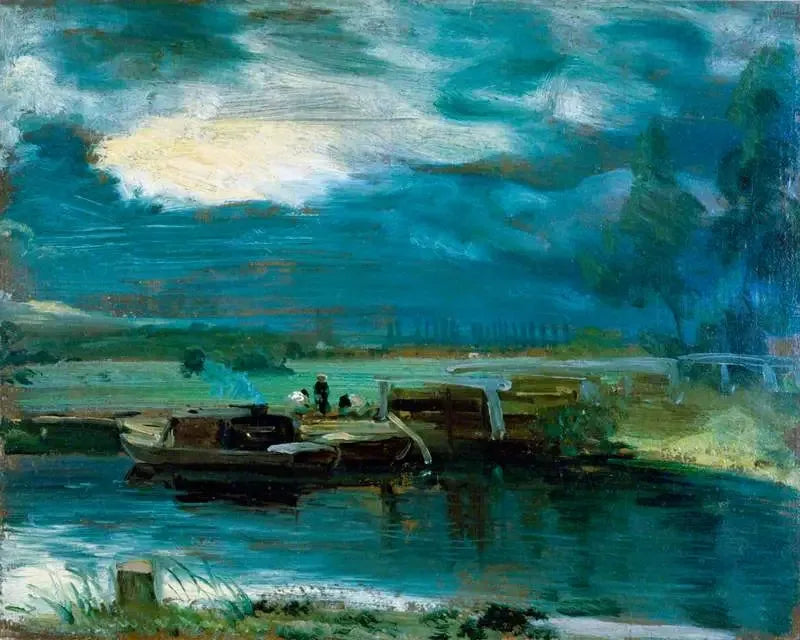 Barcazas en el Stour con la iglesia de Dedham a lo lejos - John Constable