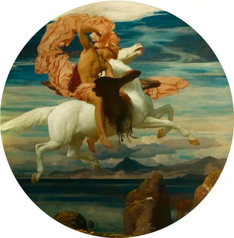 Perséus, sobre Pegaso, precipitándose a socorrer a Andrómeda - Frederic Leighton