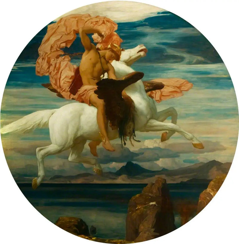Perséus, sobre Pegaso, precipitándose a socorrer a Andrómeda - Frederic Leighton
