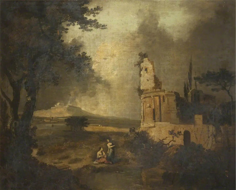 Personajes conversando en primer plano; a lo lejos, Belén - Claude Lorrain