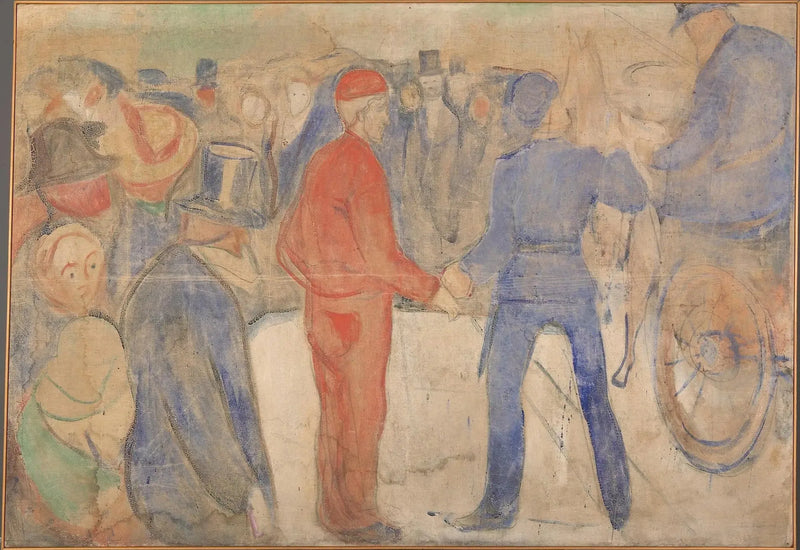 Personas agrupándose alrededor de un hombre de rojo - Edvard Munch
