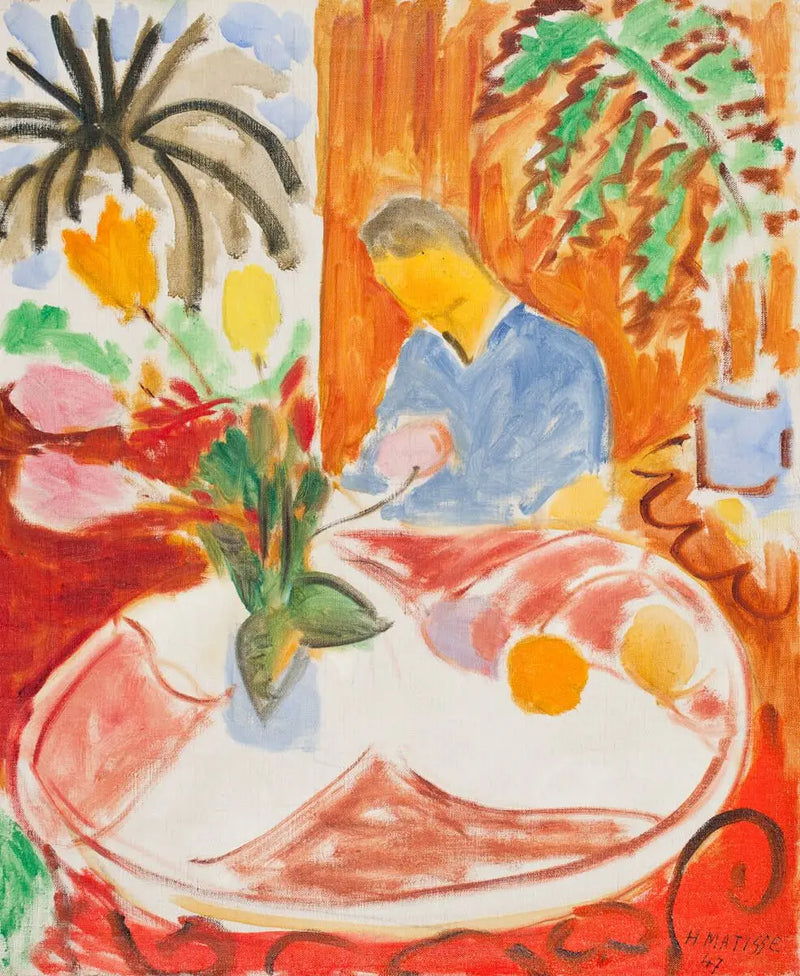 Pequeño Interior con Mesa de Mármol Redonda, Palmera y Personaje - Henri Matisse